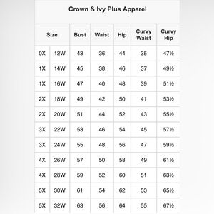 Crown & Ivy Plus Size Apparel Sizing Guide